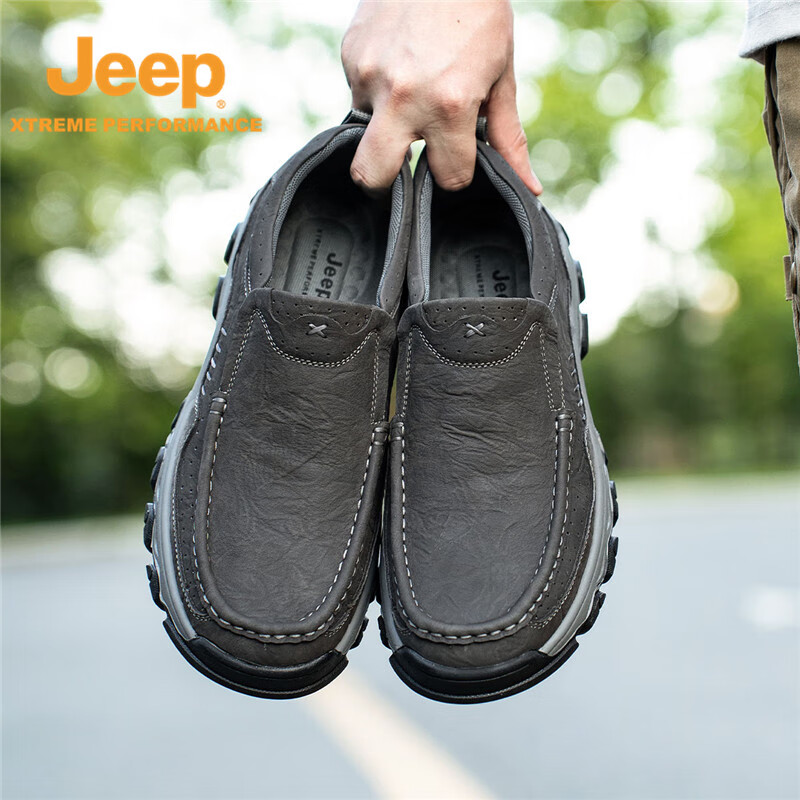 JEEP吉普秋冬男士一脚蹬大码中老年户外软底老人防滑透气爸爸鞋 黑色 41 (255mm) 皮鞋码数