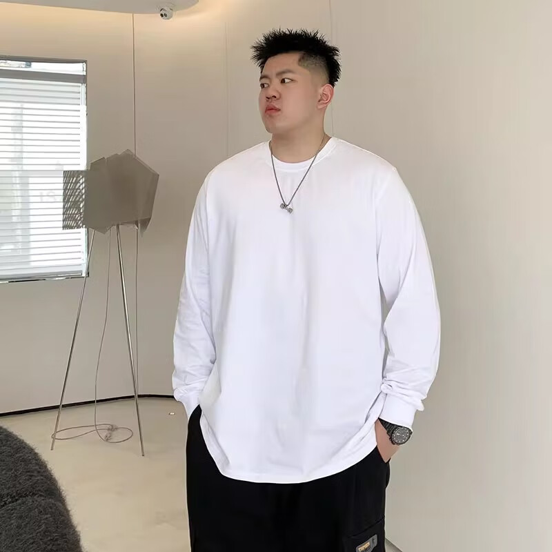 潮衫酷春秋季纯色打底纯棉长袖t恤男士胖子宽松大码圆领套头内搭上衣服 白色 常规 M (建议85-100斤)