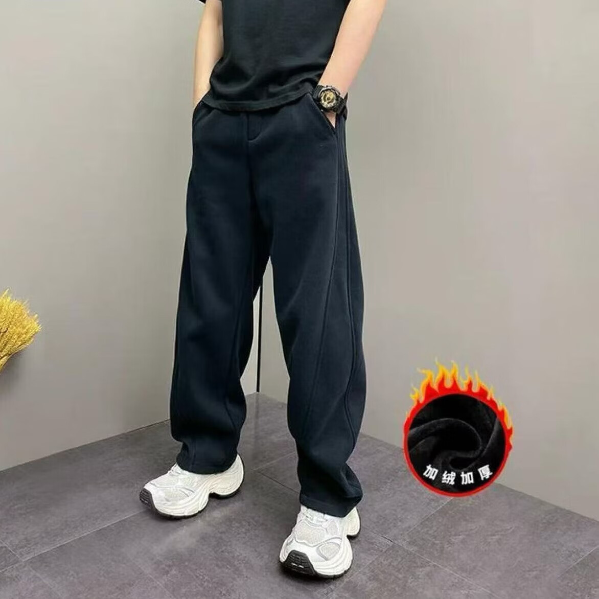 【冬季清仓】加绒加厚简约百搭弯刀休闲裤男士宽松显瘦直筒运动裤 黑色加绒 2XL （150-170斤）