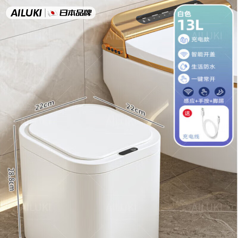 AILUKI日本高端智能垃圾桶新款带盖子感应式家用客厅轻奢厕所厨房化妆室 充电款-13L白色