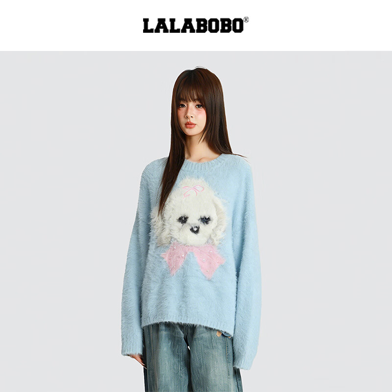 LALABOBO【玩偶系列】毛织毛衣25年冬新潮原创高级蓝保暖上衣RBEC-WSTM14 蓝色 S