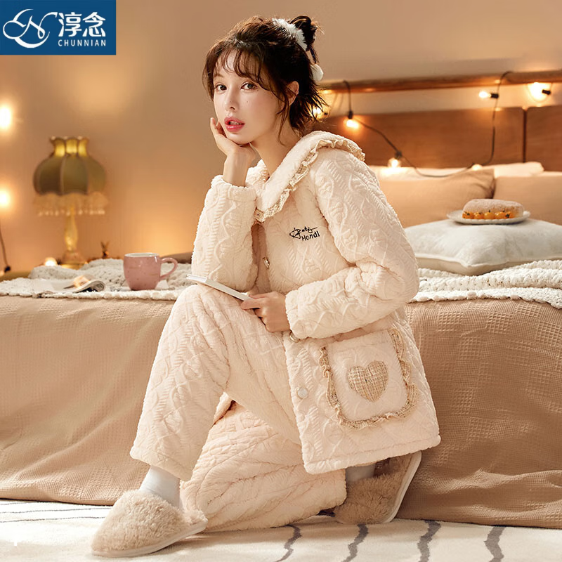 chunnian睡衣女秋冬加绒加厚珊瑚绒三层夹棉袄法兰绒女士保暖家居服套装 XEQN-2342米白 L