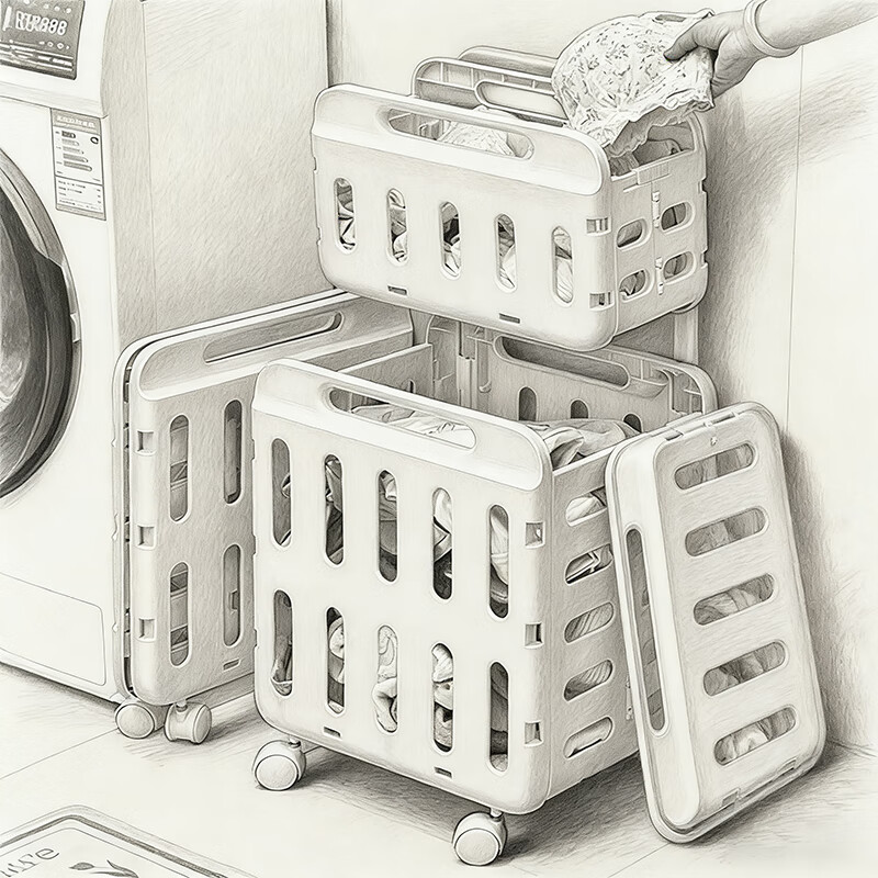 尔思家可折叠脏衣篮家用脏衣篮带轮浴室洗衣篮子折叠家用卫生间换洗神器 双层-优雅白【带轮可折叠】