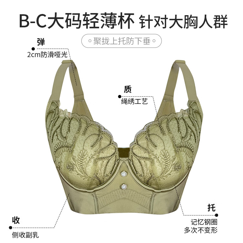 沪黛红色刺绣蕾丝文胸聚拢显大五排扣不空杯不跑杯防下垂调整型 仙踪绿 90C