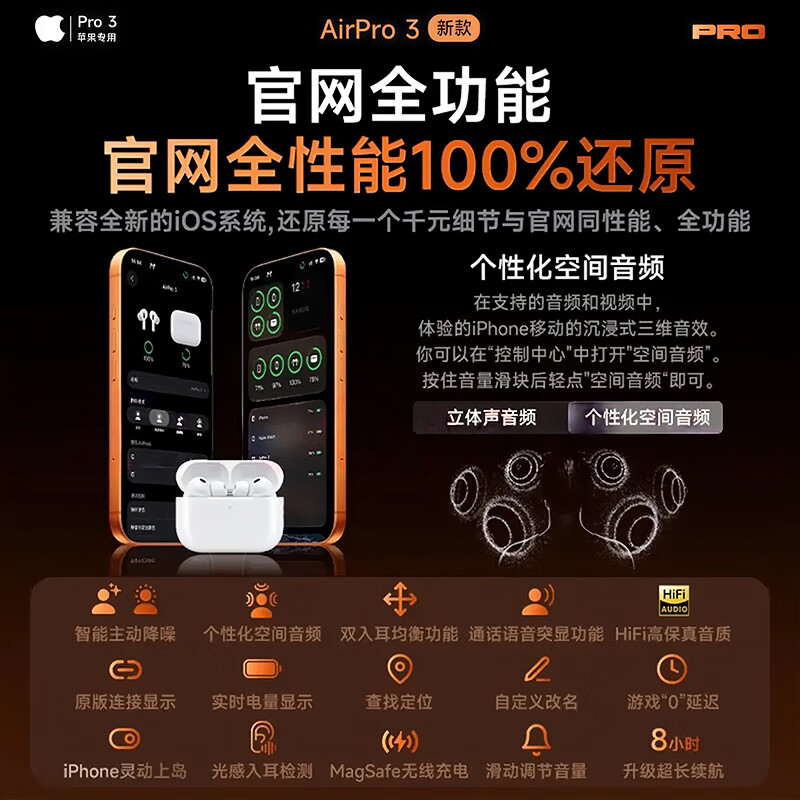 华强北新款【官配首发 | Pro3顶配版】蓝牙耳机适配苹果无线主动降噪iPhone17/16/15/14/13入耳式AirPodsPro3 【2025新款|9月首发|全功能AirPro3顶配|新年礼物】 灵动岛弹窗+空间音频+心率监测+十年质保