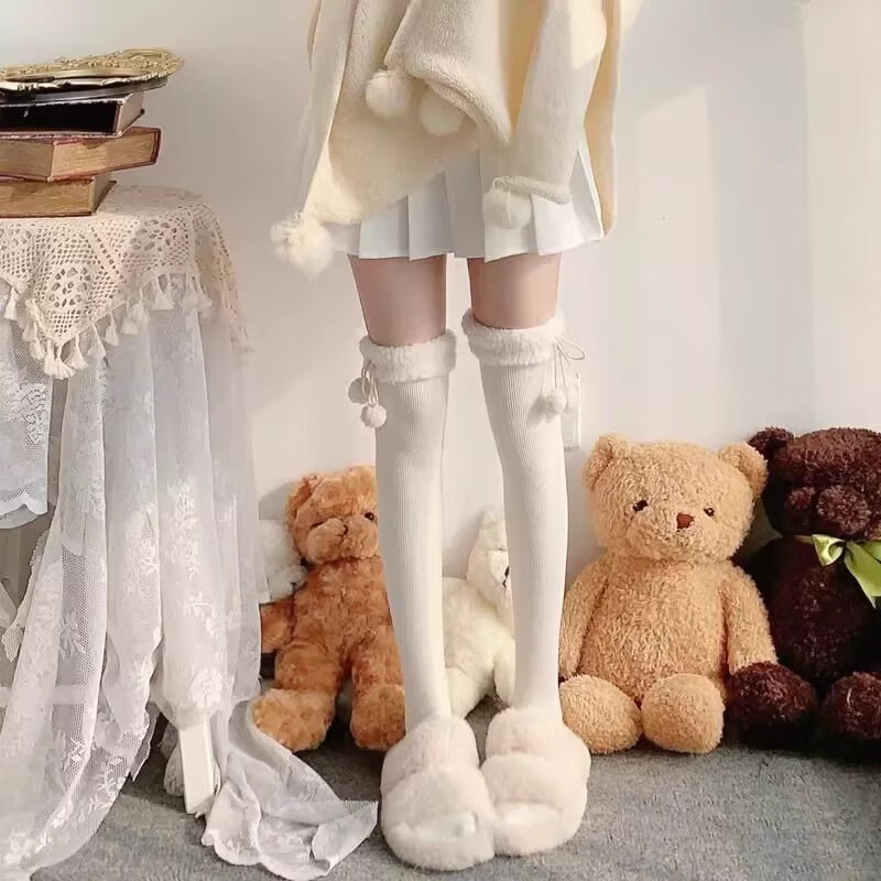朋意过膝美腿袜子毛球加绒lolita女秋冬季长筒加厚日系jk小腿袜洛丽塔 小腿袜+过膝袜【奶白色】 均码