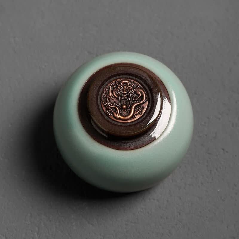 汝窑茶杯功夫茶具情侣对杯禅定主人杯男女 镶龙汝窑禅定杯(粉色)+布袋 200mL以下