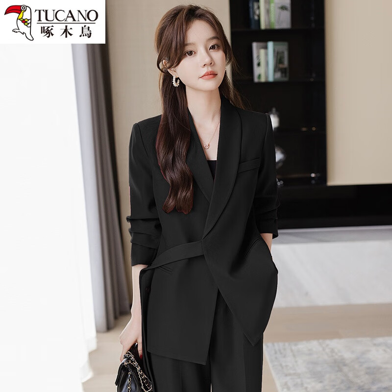 啄木鸟黑色西装外套女春秋2024新款小个子休闲阔腿裤感职业西服套装