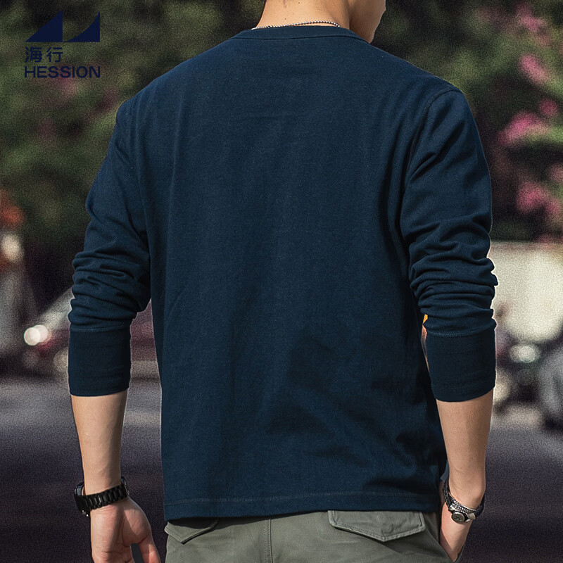 海行户外美式复古亨利衫长袖t恤男2025春季纯棉侧身无缝亨利领打底衫 静谧蓝 牛仔蓝 M (参考125-140斤)