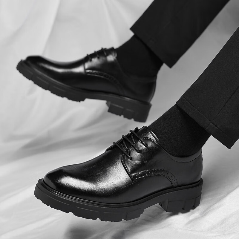 Walker Shop品牌皮鞋男款内增高男士皮鞋2026商务高端休闲真皮英伦正装鞋子男 黑色【隐形内增高8cm】 38
