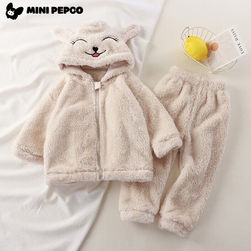 小猪班纳(PEPCO)儿童毛绒上衣秋冬儿童连帽加绒保暖毛绒家居服套装毛毛衣 黑+白【毛绒熊猫连帽套装】 120 cm