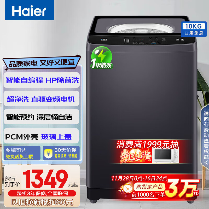 海尔（Haier）洗衣机全自动波轮直驱变频神童洗衣机家用大容量10kg公斤节能省电低噪自编程 【超净电离除菌】BZ216