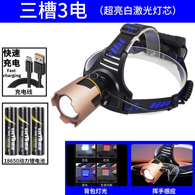 獵途感應(yīng)頭燈超亮充電強光頭戴式手電筒戶外變焦超長續(xù)航夜釣照明燈 白激光-三鋰電帶感應(yīng)
