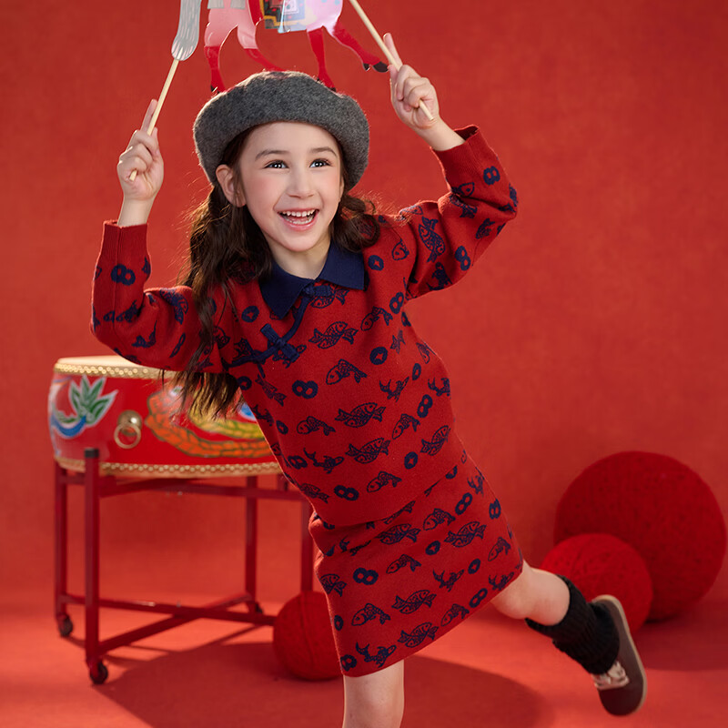 棉花堂（cottontown）【新年】棉花堂拜年服女童冬裙套装洋气红色毛衣儿童过年裙子衣服 暗红 90 90/52