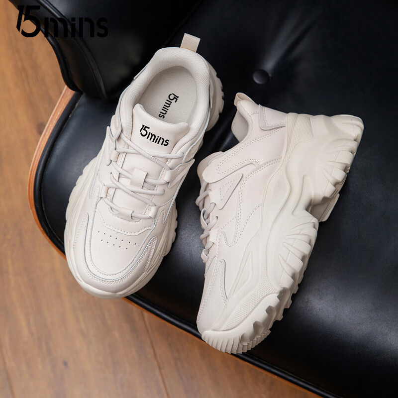 15MINS厚底老爹鞋2025新款小个子增高运动休闲鞋百搭潮流高颜值女单鞋 米色 37