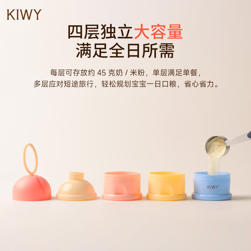 kiwy奶粉盒母婴便携式外出防潮密封盒宝宝食品级大容量奶粉辅食分装盒 独立可拆四层婴儿奶粉盒 马卡龙色