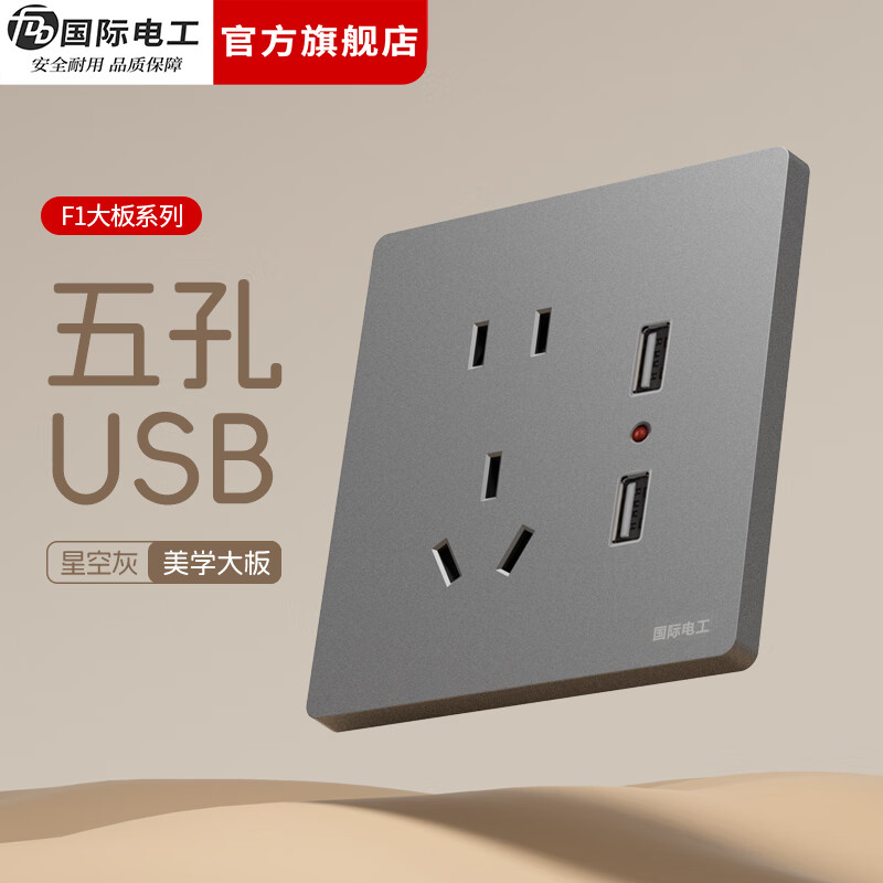 国际电工（FDD）86型暗装开关插座全屋套装面板家用墙壁灰色一开五孔USB双控插座 五孔USB 1.5A