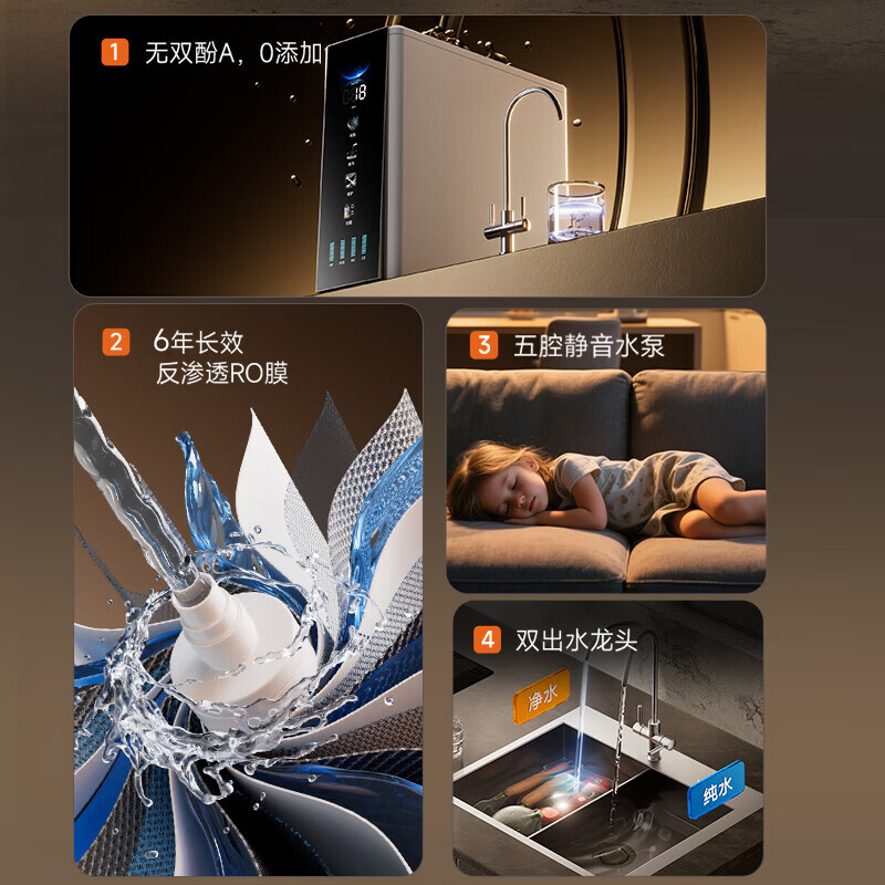 冈田(日本)净水器套装前置过滤器净水机 厨房专用台下用温热制冷直饮一体机 RO反渗透膜 母婴级直饮机 1800G通量净水器+冷热管线机 【净水器-黑色】