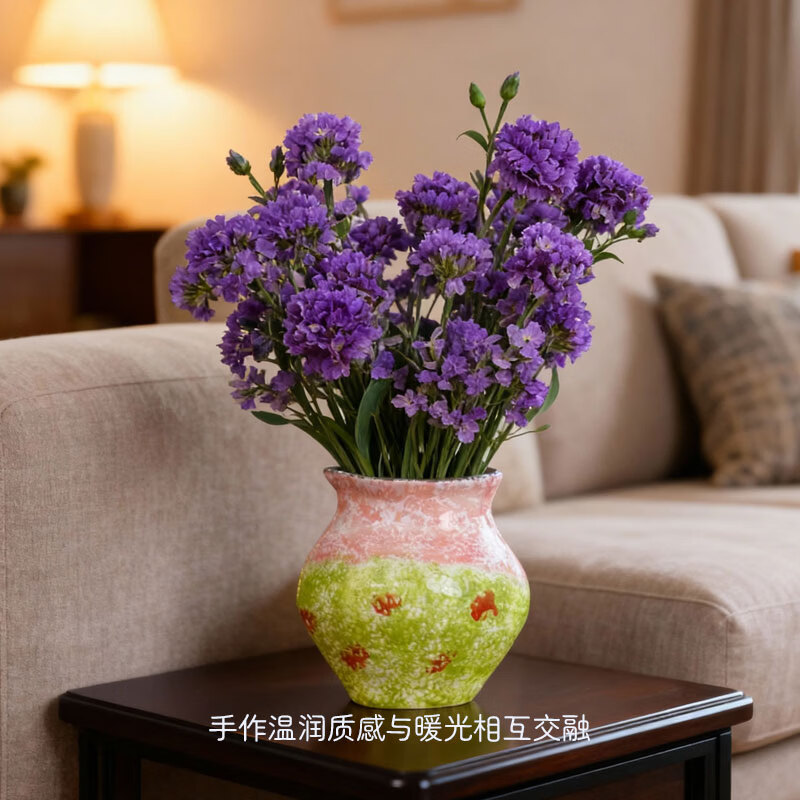 溥畔手绘粗陶花瓶水培绿植多肉花盆桌面艺术摆件家用复古造景花器  造景花瓶「手绘-绿粉」