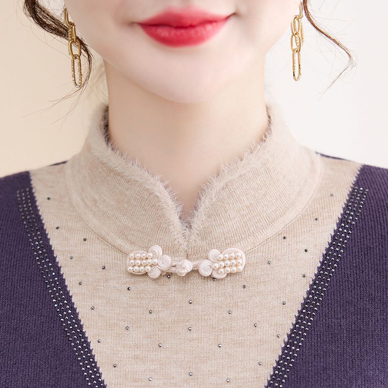 妈妈秋冬国风假两件毛衣一体绒针织打底衫新款女装加绒加厚上衣 【25125】安哥拉红 加绒 XL 建议90-110斤