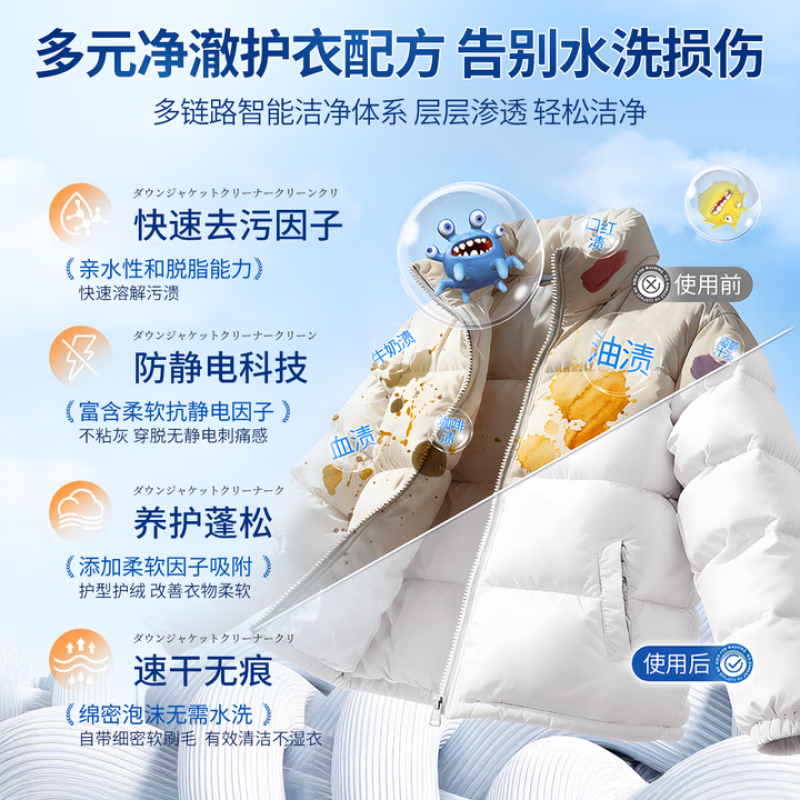 ZYUO日本家用羽绒服清洗剂免水洗快速去污不留水痕羽绒服专用清洁剂 一瓶【试用装】 羽绒服清洗剂