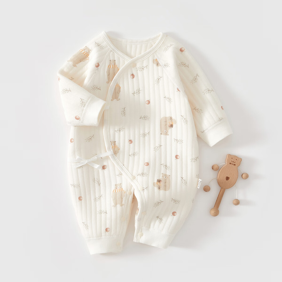 婧麒新生儿婴儿衣服秋冬夹棉满月纯棉初生宝宝秋装连体衣a类爬服 树叶熊 52cm  【0-1个月建议体重2-4kg】