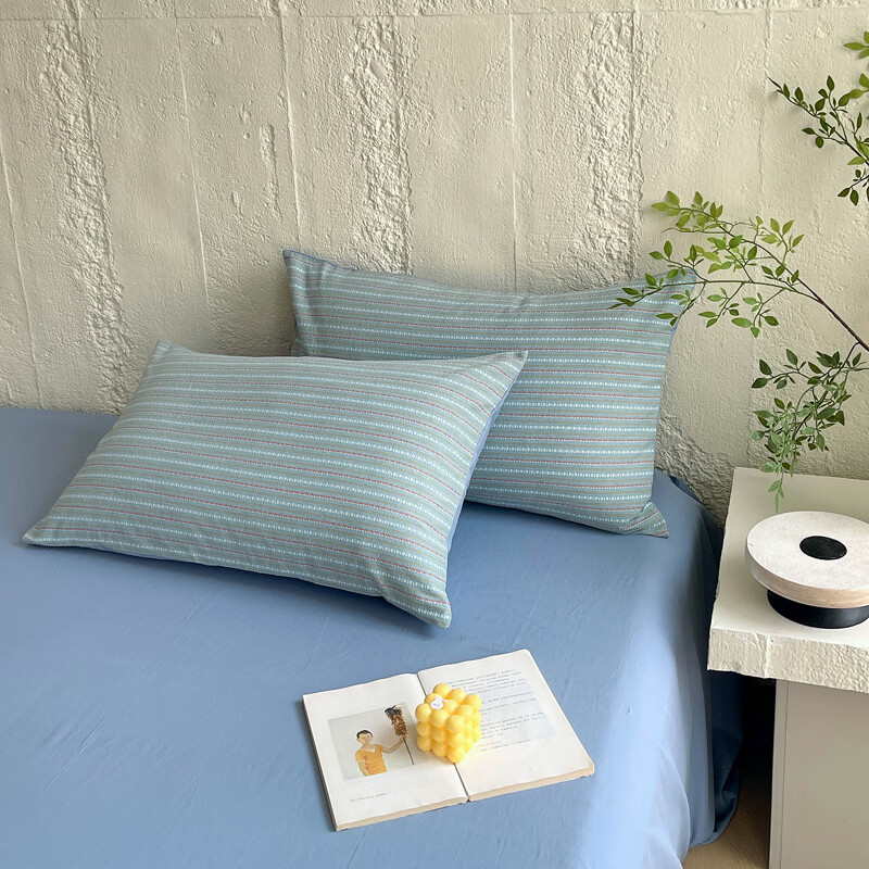 ROLAND LIVE全棉色织提花斜纹水洗棉单枕套48*74cm单人枕枕头套一对装枕芯套 CW 全棉水洗棉单枕套-半夏宝兰 一对装 48*74cm
