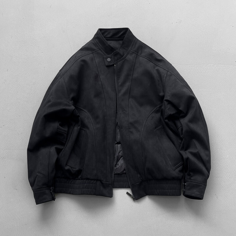 型曼白鸭绒美式复古立领拼接羽绒服男2025冬季新款飞行夹克棒球服外套 黑色 M