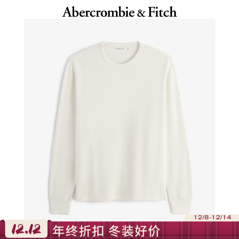 Abercrombie &amp; Fitch男装25春季美式复古舒适百搭宽松华夫格圆领长袖T恤 象牙白 M (180/100A)