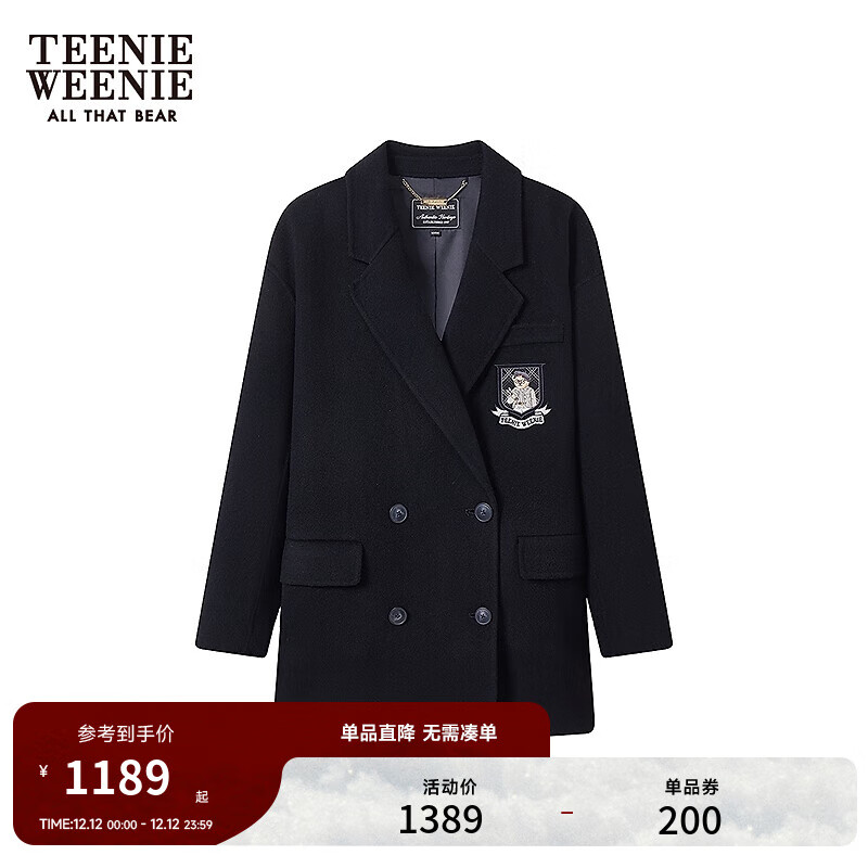 Teenie Weenie【绵羊毛】小熊女装毛呢外套25年秋款时尚西装领大衣 黑色 L