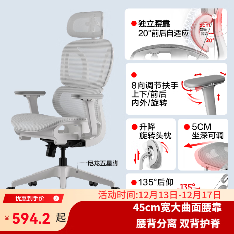 网易严选半佛推荐 小蛮腰双背人体工学椅转椅 办公椅电脑椅 【S9pro】云白无搁脚(尼龙五角脚) 无脚托