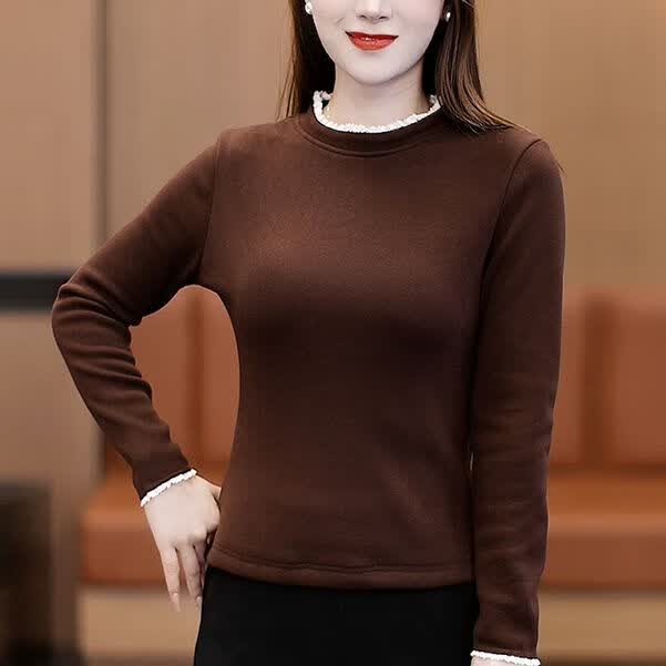 七喜凤秋冬蕾丝边加绒针织衫女高弹显瘦百搭 咖色 加绒 M (80-100斤)