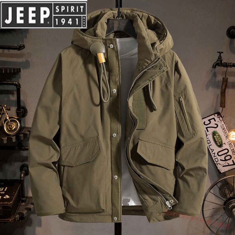 JEEP SPIRIT高档户外潮牌工装羽绒服男冬季时尚连帽重磅加厚款保暖防寒服冲锋 军绿LSD-236 (饱和充绒) L (120-135斤左右)