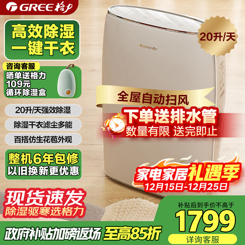 格力（GREE）【轻音干衣除湿】除湿机抽湿机家用20升/天低噪除潮除霉干衣机单间≤40㎡智能控湿24H定时DH20EF