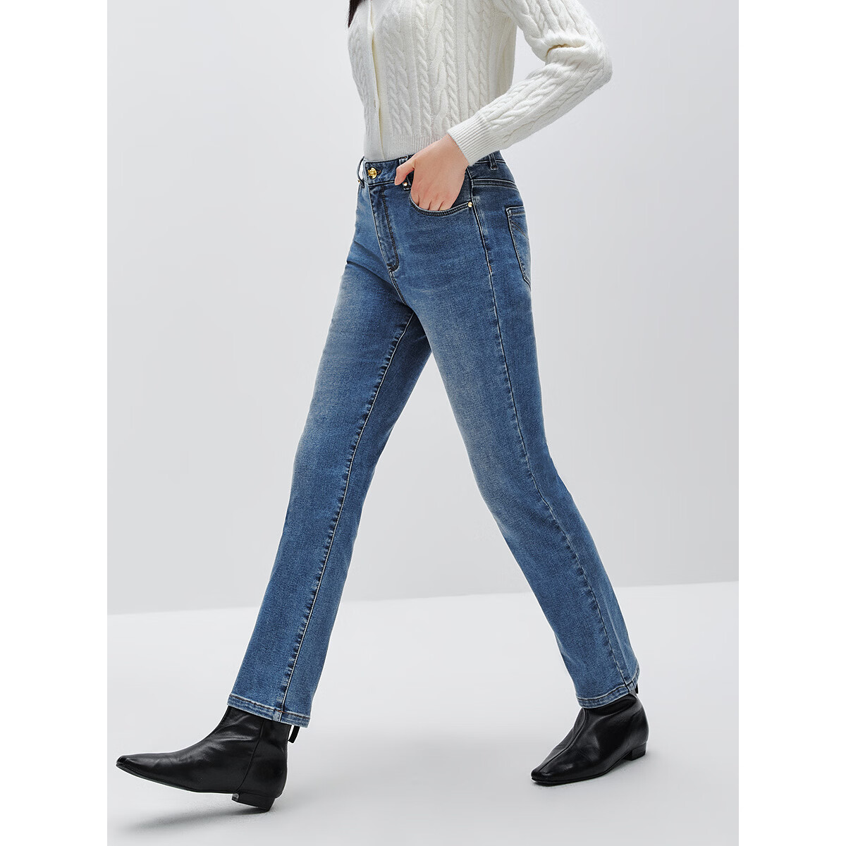 太平鸟女装高腰显瘦束脚裤简约牛仔裤气质弹力直筒休闲裤合集 九分烟管牛仔裤牛仔中蓝 L