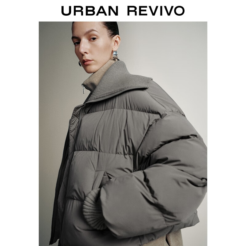 UR冬季新款女装流光风立领绗缝短款超宽松棉服UWM150049 暖灰 S