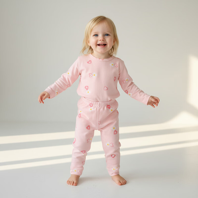 小猪大卫 PECODAVID秋内衣套装男童女宝宝可爱印花秋衣秋裤无骨贴身内衣套 粉色甜心 120
