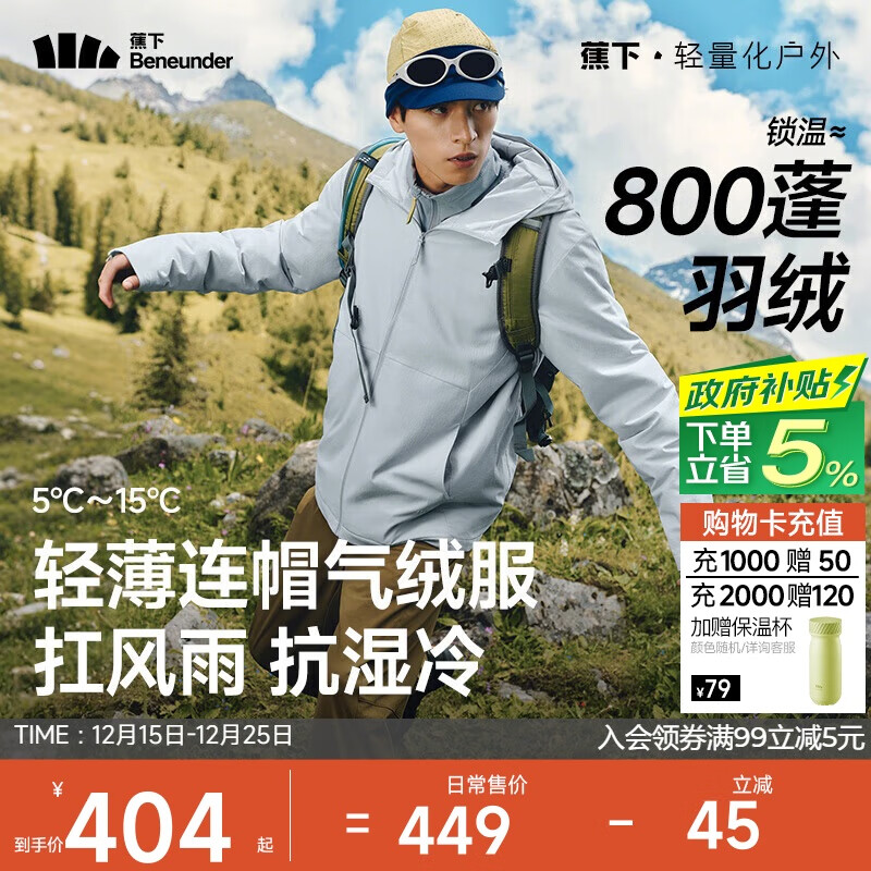 蕉下（beneunder）气绒服男士秋冬季保暖连帽轻薄夹克外套户外CL233薄灰蓝M