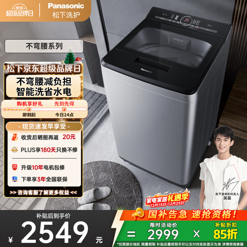 松下（Panasonic）【吴磊推荐】波轮洗衣机全自动10公斤大容量 智能毛毯洗内衣洗衣机 国家补贴不弯腰XQB100-