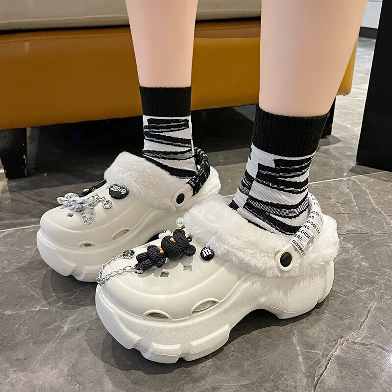 【精选】洞洞鞋女加绒外穿2024秋冬新款可拆卸厚底可爱包头保暖棉 白色【绑带】可拆卸棉套 34 -35