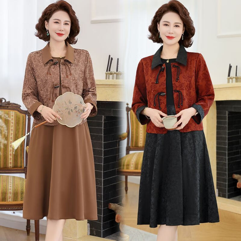 中国风妈妈装提花连衣裙套装中老年女装气质新中式外套裙子两件套 安哥拉红套装 【外套+裙子】 XL 【建议80-105斤】
