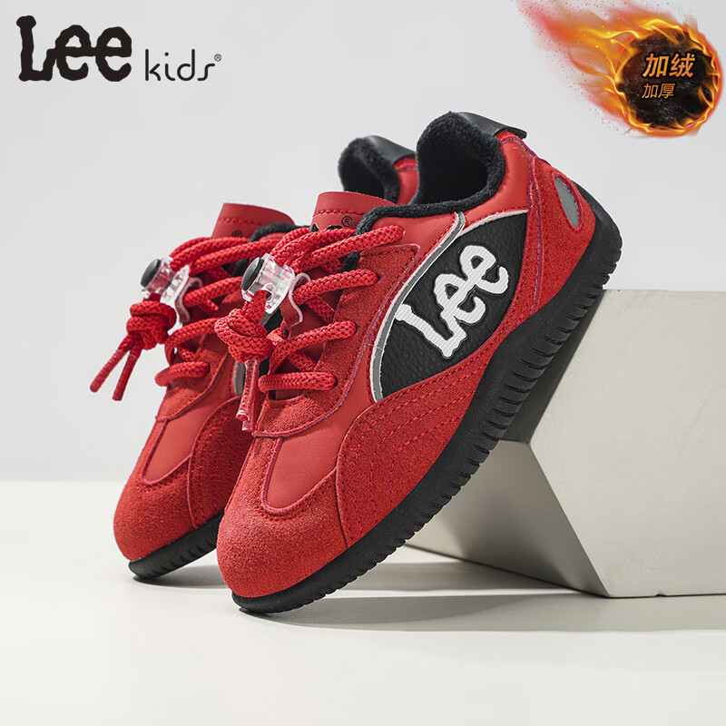 Lee童鞋冬季新款儿童跑步鞋学生休闲板鞋加绒运动鞋男女童 红色 36 【建议脚长221mm】