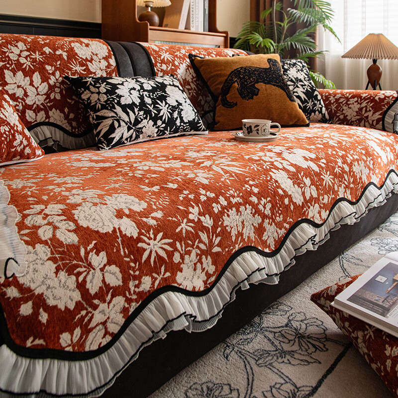 缔卓怡中古风高级异形沙发垫雪尼尔四季通用防滑坐垫套罩防猫抓盖布巾 异形繁花-橙色 70cm*70cm