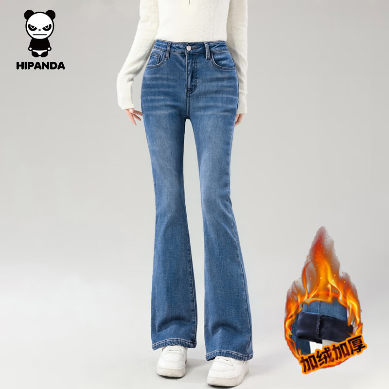 HIPANDA你好熊猫牛仔裤女2025冬季新款加绒休闲保暖紧身微喇显瘦长裤子女 复古蓝-加绒 L