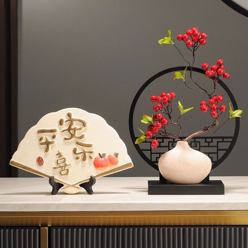 OYKTN新中式平安喜乐中国风扇子客厅玄关屏风电视柜摆件乔迁家居装跨境 平安喜乐扇