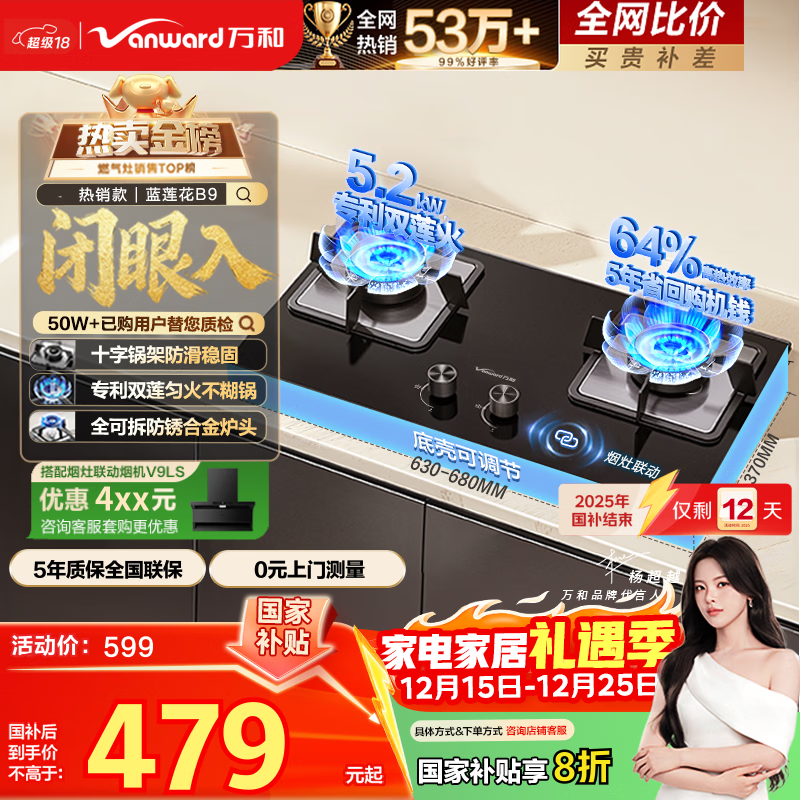 万和燃气灶【蓝莲花B9·5.2kW】天然气猛火烟灶联动以旧换新国家补贴20%嵌入式家用煤气双炉具台B9L50