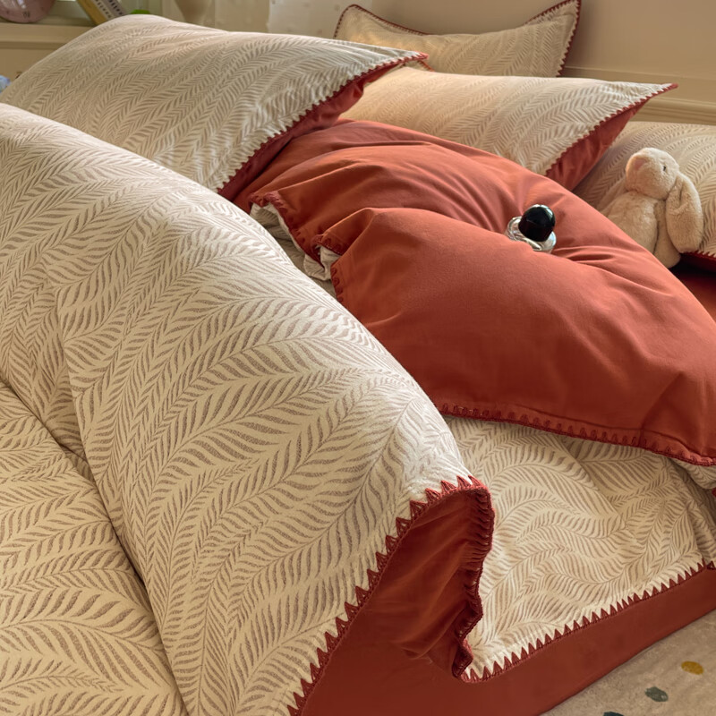 VJE加厚全棉磨毛床上四件套100%棉床单被套纯棉裸睡学生宿舍三件套 原野-桔 三件套1.2m 床单款 （被套150*200cm）