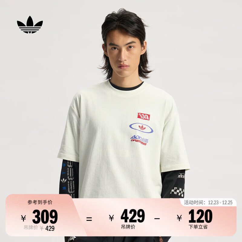 adidas宽松赛车风休闲运动纯棉上衣短袖T恤男夏季阿迪达斯三叶草 汉玉白   L  