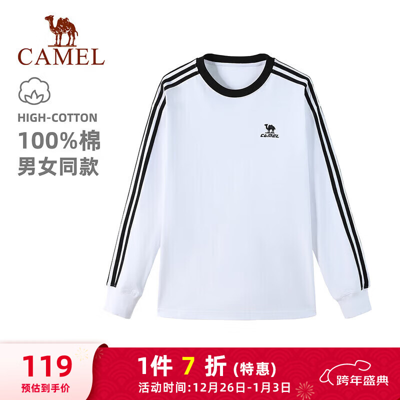 骆驼（CAMEL）纯棉t神圆领长袖T恤男女款休闲打底衫 C35BAXLN056D 无际白黑 M