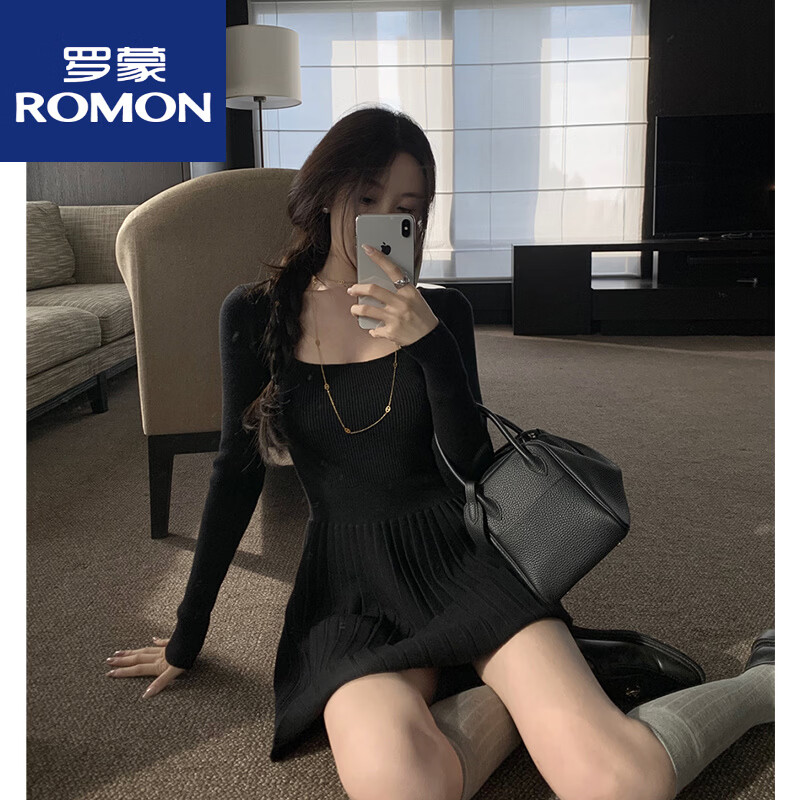 罗蒙2026早春女性高底方领针织连衣裙新款优雅修身紧身紧身百搭底短裙 黑色 S